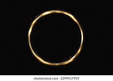 Abstract sparkling golden frame light effect on transparent background. Spark with ring glossy line.