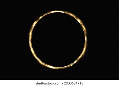 Abstract sparkling golden frame light effect on transparent background. Spark with ring glossy line.