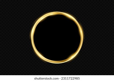 Abstract sparkling golden frame light effect on transparent background. Spark with ring glossy line.