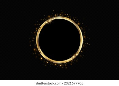 Abstract sparkling golden frame light effect on transparent background. Spark with ring glossy line.