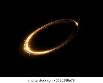 Abstract sparkling golden frame light effect on transparent background. Spark with ring glossy line.Glowing golden spiral. Speed ​​abstract lines effect. Rotating shiny rings. Glowing circular lines. 