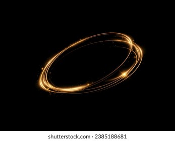 Abstract sparkling golden frame light effect on transparent background. Spark with ring glossy line.Glowing golden spiral. Speed ​​abstract lines effect. Rotating shiny rings. Glowing circular lines. 