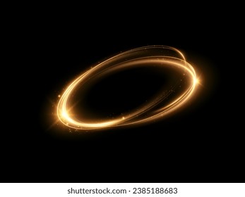 Abstract sparkling golden frame light effect on transparent background. Spark with ring glossy line.Glowing golden spiral. Speed ​​abstract lines effect. Rotating shiny rings. Glowing circular lines. 