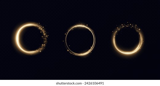 Abstract sparkling golden frame light effect on transparent background. Spark with ring glossy line