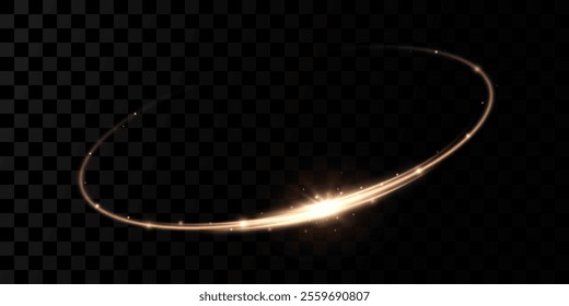 Abstract sparkling golden frame light effect on transparent background. Spark with ring glossy line.