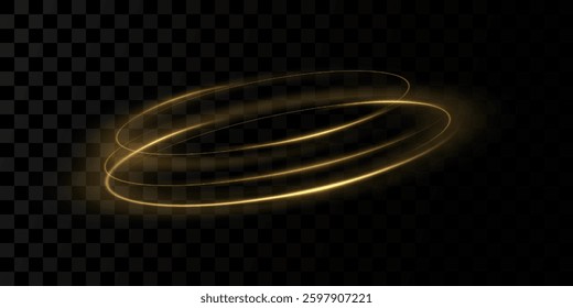 Abstract sparkling golden frame light effect on transparent background. Spark with ring glossy line