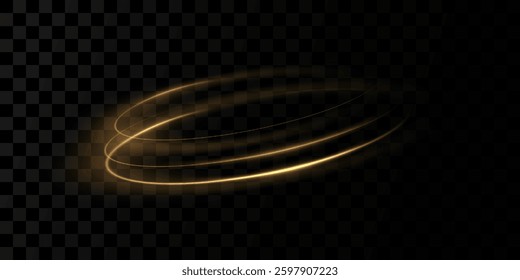 Abstract sparkling golden frame light effect on transparent background. Spark with ring glossy line