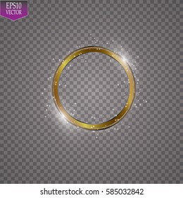 Abstract sparkling golden frame light effect on transparent background. Spark with ring glossy line