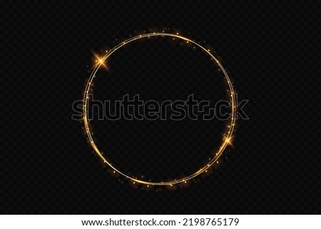 Abstract sparkling golden frame light effect on transparent background. Spark with ring glossy line.