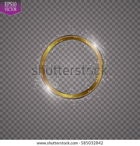 Abstract sparkling golden frame light effect on transparent background. Spark with ring glossy line