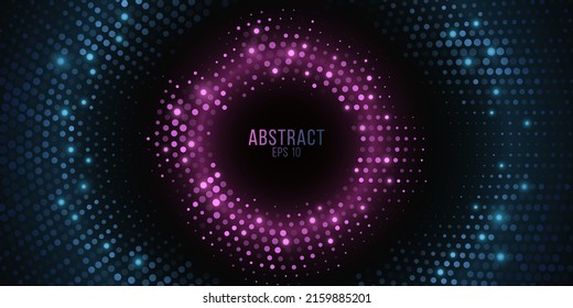 Abstract sparkling halftone background. Glowing purple and blue dots circle for party banner. Stylish retro frame. Modern graphic. Vector illustration. EPS 10