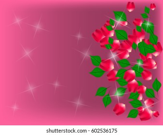Abstract Sparkling Holiday Background with Rose Petals and Green Leaves. Vector Illustration.