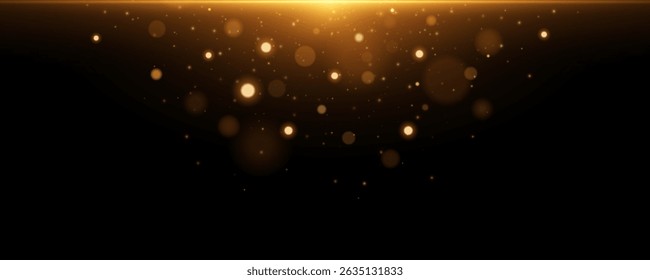 Abstract sparkling light effect with bright lights bokeh isolated on black background. Golden glittering flash with random dynamic rays and magical dust. Vector illustration