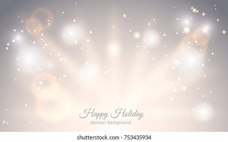 Abstract sparkling light magic horizontal background. Glow bright festive fantasy banner with rays sparks ligh effect. Elegant Starry Christmas card with place for text. Vector Illustration.