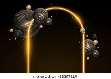 Abstract sparkling neon arc with dynamic 3d spheres textured with golden striped pattern. Glowing futuristic frame with magical dust. Vector illustration. EPS 10.