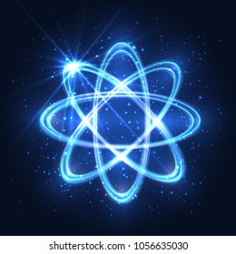 Abstract sparkling neon effect. Blue geometric shape, molecule, atom, light pulsating rings on dark background. Symmetrical pattern with luminous vortex spirals. Molecular construction