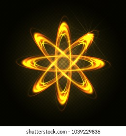 Abstract sparkling neon effect. Yellow geometric shape, molecule, atom, light pulsating rings on dark transparent background. Symmetrical pattern with luminous vortex spirals. Molecular construction