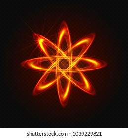Abstract sparkling neon effect.Golden-red geometric shape, molecule, atom, light pulsating rings on dark transparent background. Symmetrical pattern with luminous vortex spirals.Molecular construction
