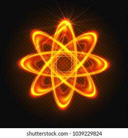 Abstract sparkling neon effect.Golden-red geometric shape, molecule, atom, light pulsating rings on dark transparent background.Symmetrical pattern with luminous vortex spirals. Molecular construction