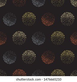 Abstract sparkling orange, gold and blue dotted circles on black background. Seamless geometric vector pattern Great for autumn, travel products, stationery, fashion, giftwrap, concept