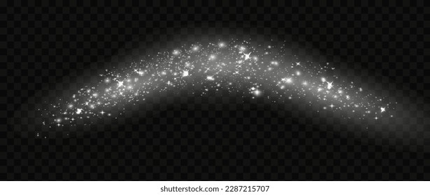Abstract sparkling shiny texture. Shiny particle effect. Silver glittering trail of space star dust from shiny particles on a dark background.