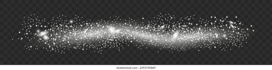 Abstract sparkling shiny texture. Shiny particle effect. Silver glittering trail of space star dust from shiny particles on a dark background.