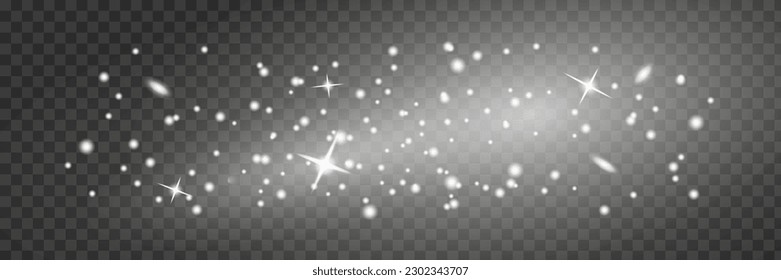 Abstract sparkling shiny texture. Shiny particle effect. Silver glittering trail of space star dust from shiny particles on a transparent dark background.