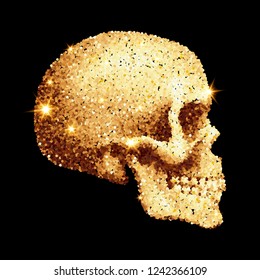 Abstract Sparkling Skull of Golden Glitter on Black Background