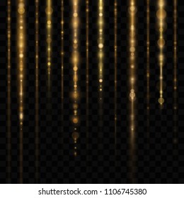 Abstract sparkly gold glitter effect with falling down luminous particles flyer template.Sparkling texture of star dust light sparks magic glitter spray on transparent background.