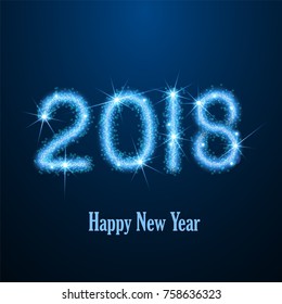 Abstract sparks light in form of 2018 year date. Holiday particles mesh spheres from flying sparks. Merry Christmas and Happy New 2018 concept. Blue structure style line art vector illustration.