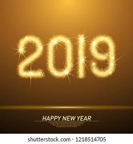 Abstract sparks light in form of 2019 year date. Holiday particles mesh spheres from flying sparks. Merry Christmas and Happy New Year concept. Golden glitter structure style vector illustration.