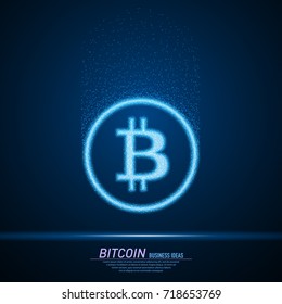 Abstract sparks light in form of blue bit coin. Business particles mesh spheres from flying debris. Cryptocurrency bitcoin falling rate concept. Blue structure style line art vector illustration.