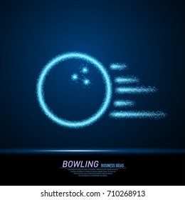 Abstract sparks light in form of bowling ball. Business particles mesh spheres from flying debris. Bowling game concept. Blue structure style line art vector illustration.