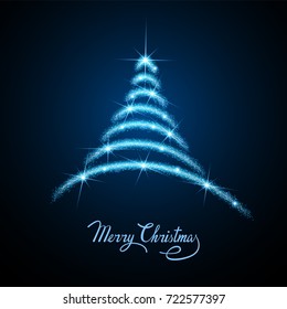 Abstract sparks light in form of Christmas tree icon. Holiday particles mesh spheres from flying sparks. Merry Christmas and  Happy New 2018 concept. Blue structure style line art vector illustration.