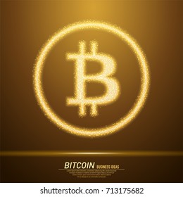 Abstract sparks light in form of golden bit coin. Business particles mesh spheres from flying debris. Cryptocurrency bit coin concept. Blue structure style line art vector illustration.