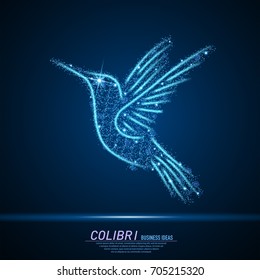 Abstract sparks light in form of hummingbird. Business particles mesh spheres from flying debris. Colibri fly concept. Blue structure style vector illustration.