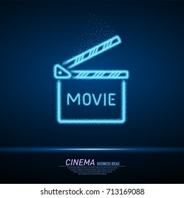 Abstract sparks light in form of movie clapper. Business particles mesh spheres from flying debris. Cinema concept. Blue structure style line art vector illustration.