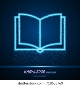 Abstract sparks light in form of open book icon. Business particles mesh spheres from flying debris. Knowledge and education concept. Blue structure style line art vector illustration.