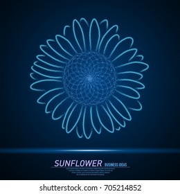Abstract sparks light in form of sunflower. Business particles mesh spheres from flying debris. Sun energy concept. Blue structure style vector illustration.