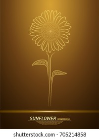 Abstract sparks light in form of sunflower. Business particles mesh spheres from flying debris. Sun energy concept. Golden structure style vector illustration.