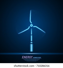 Abstract sparks light in form of wind mill generator. Business particles mesh spheres from flying debris. Ecological energy production concept. Blue structure style line art vector illustration.