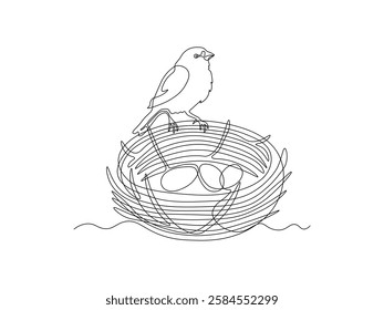 Abstract sparrow bird's nest with eggs, continuous single one line art hand drawing sketch logo 