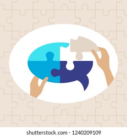 Abstract speak cloud puzzle pieces concept, assembled with hands, vector illustration