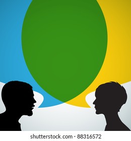 Abstract speakers silhouettes with big blue and yellow bubble (chat, dialogue, talk or discussion)