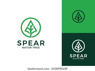 abstract spear head with leaf tree logo. adventure, camping, hunting symbol icon design