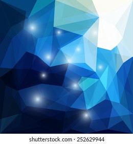 Abstract spectral deep blue and white motley colored polygonal vector triangular geometric background with glaring lights for use in design for card, invitation, banner, placard or billboard cover