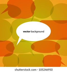 Abstract Speech Bubble Background – Colorful Layered Dialog Shapes with Central Text Area. A vibrant abstract design composed of overlapping speech bubbles in shades of orange, red, and green, set against a yellow-orange background. At the center is a prominent white speech bubble containing the phrase “vector background.” The layered composition and dynamic color palette evoke themes of communication, dialogue, and connection. This expressive and modern vector layout is ideal for use in presentations, social media visuals, editorial graphics, messaging platforms, and creative campaigns. Suitable for both commercial and editorial use across print and digital platforms.