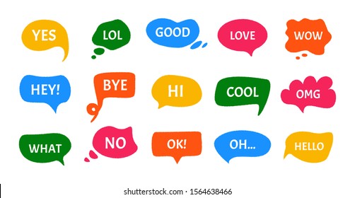 Abstract speech bubble cloud set. Vector conversation online talk phrases clouds with different words. Speech bubbles with comments and information