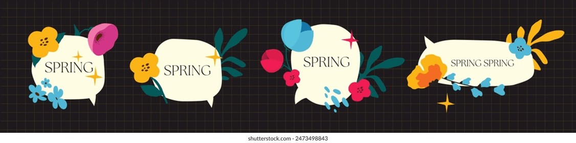 Abstract Speech bubble with floral symbol, Vector icons of tropical elements in bright colors and flat style. Text box and drawn blooming flowers in a colorful frame. Modern illustrations for design