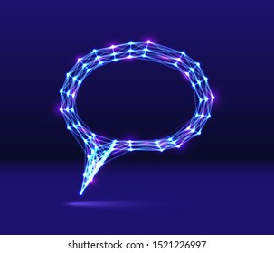 Abstract speech bubble neon icon with shiny 80s synthwave styled lines on ultraviolet background